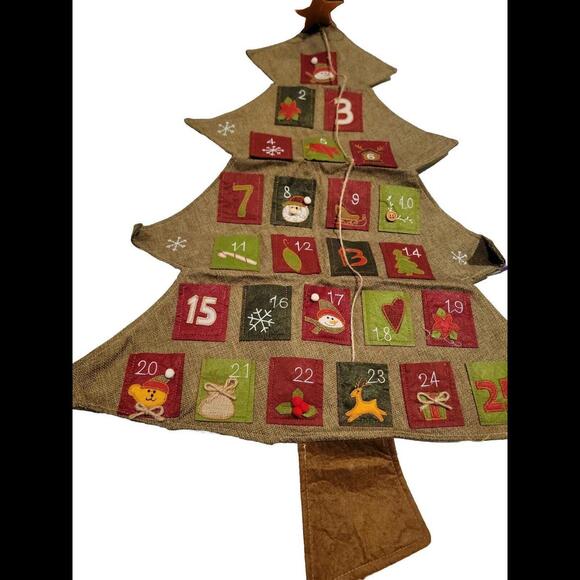 Christmas Advent Calendar Burlap Tree 25 Pockets Countdown Wall Hanging Decor - Picture 1 of 5